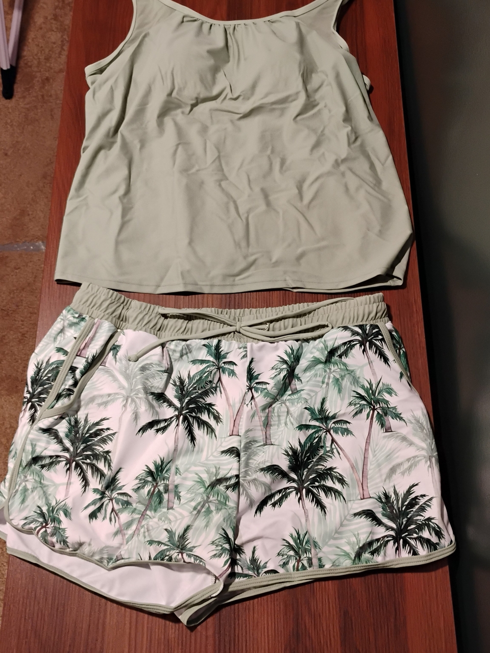 Light Sage Tankini Palm Print Beach Shorts Set